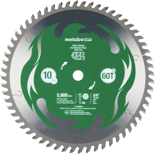 Metabo HPT 10-Inch Miter Saw/Table Saw Blade, 60T, Fine Finish, 5/8″ Arbor, Large Micrograin Carbide Teeth, 5800 Max RPM, 115435M