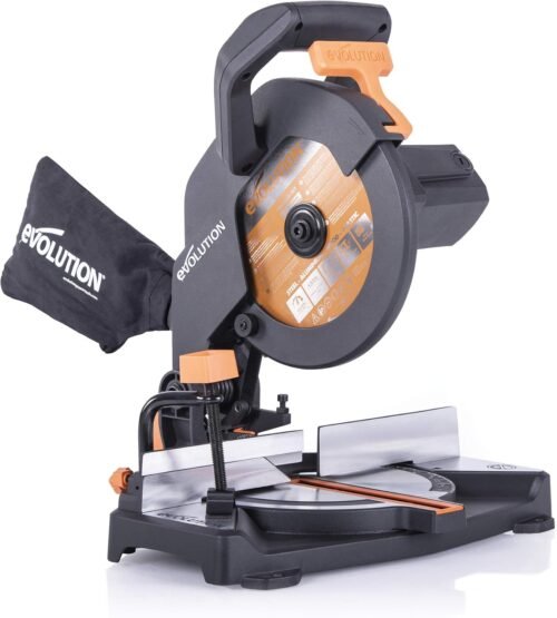 Evolution Power Tools R210CMS Compound Miter Saw, 8-1/4″ Multi-Material Cutting TCT Blade Included Cuts Wood Metal Plastic & More, 45° – 45° Degree Miter & 45˚ Degree Bevel Angles, 1200W, 8-1/4″