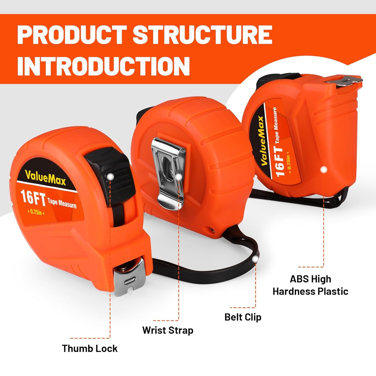 ValueMax Tape Measure 16FT with Fractions 1/8, 3 Pack Retractable Easy Read Measuring Tape, Imperial Pocket Measurement Tape with Metal Belt Clip for Construction, Contractor, Carpenter, Woodworking - Image 4