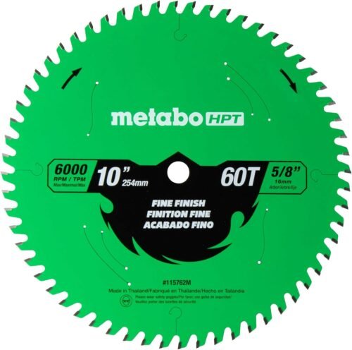 Metabo HPT 10-Inch Miter Saw/Table Saw Blade, Fine Finish, 60-Tooth, 5/8-Inch Arbor, Industrial High Performance Tungsten Carbide, PTFE Coating, Laser-Cut Expansion Slots, 115762M