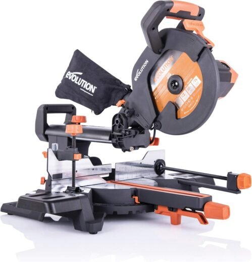 Evolution Power Tools R255SMS+ PLUS 10-Inch Sliding Miter Saw Plus Multi-Material Multi-Purpose Cutting Cuts Metal, Plastic, Wood & More 0˚ – 45˚ Bevel & 50˚ – 50˚ Miter Angles TCT Blade Included