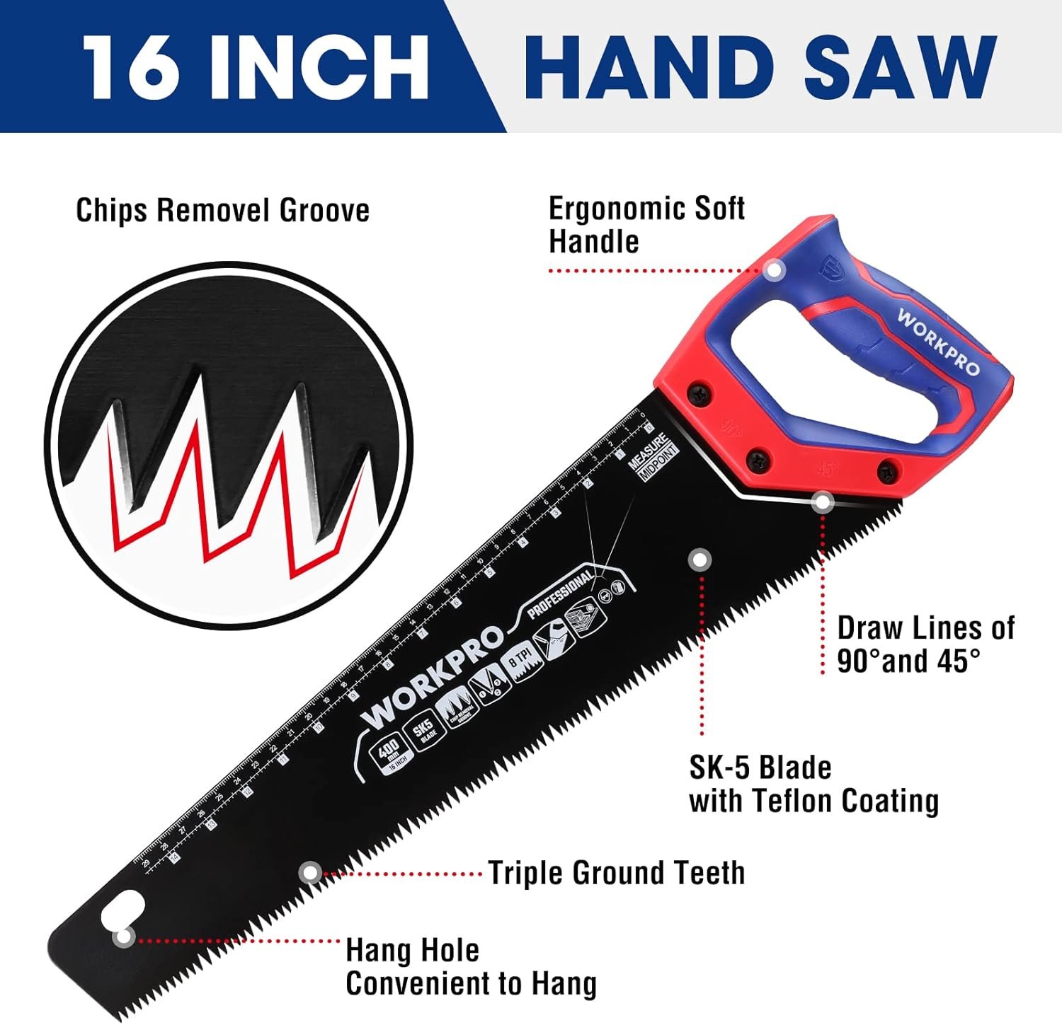 WORKPRO Hand Saw, 16-Inch Universal Handsaw with Non-Slip Comfortable Handle, Anti-rust Wood Saw With Chip Removal Design, Heavy-Duty Hand Saw for Cutting Wood, Laminate, PVC - Image 3