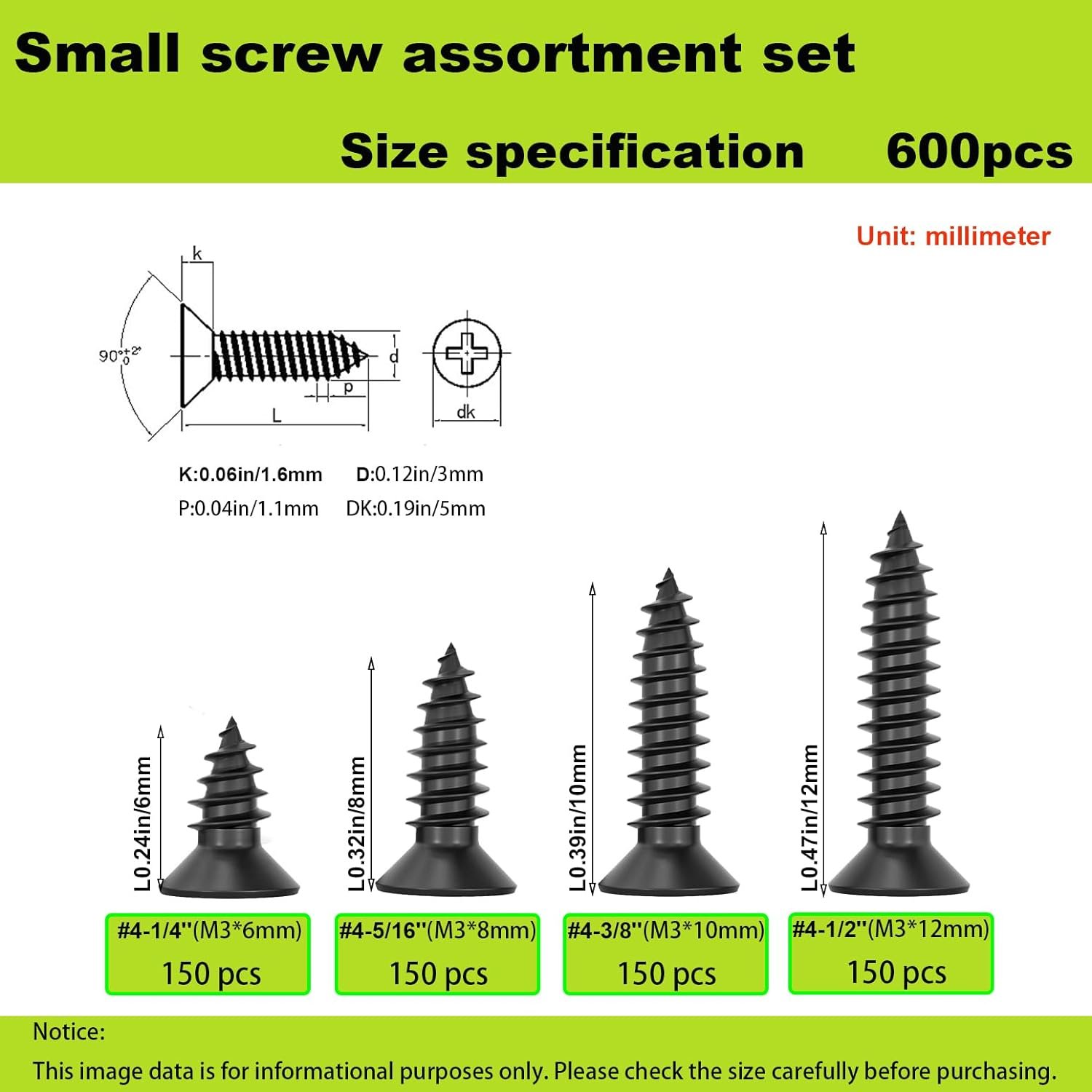 M3 Small Screw Kit, Short Wood Screws Assortment Kit, 600pcs Tiny Screws 6/8/10/12mm Phillips Flat Head Self Tapping Electronic Accessories Screw Multifunctional DIY Micro Woodworking Small Screws Set - Image 4