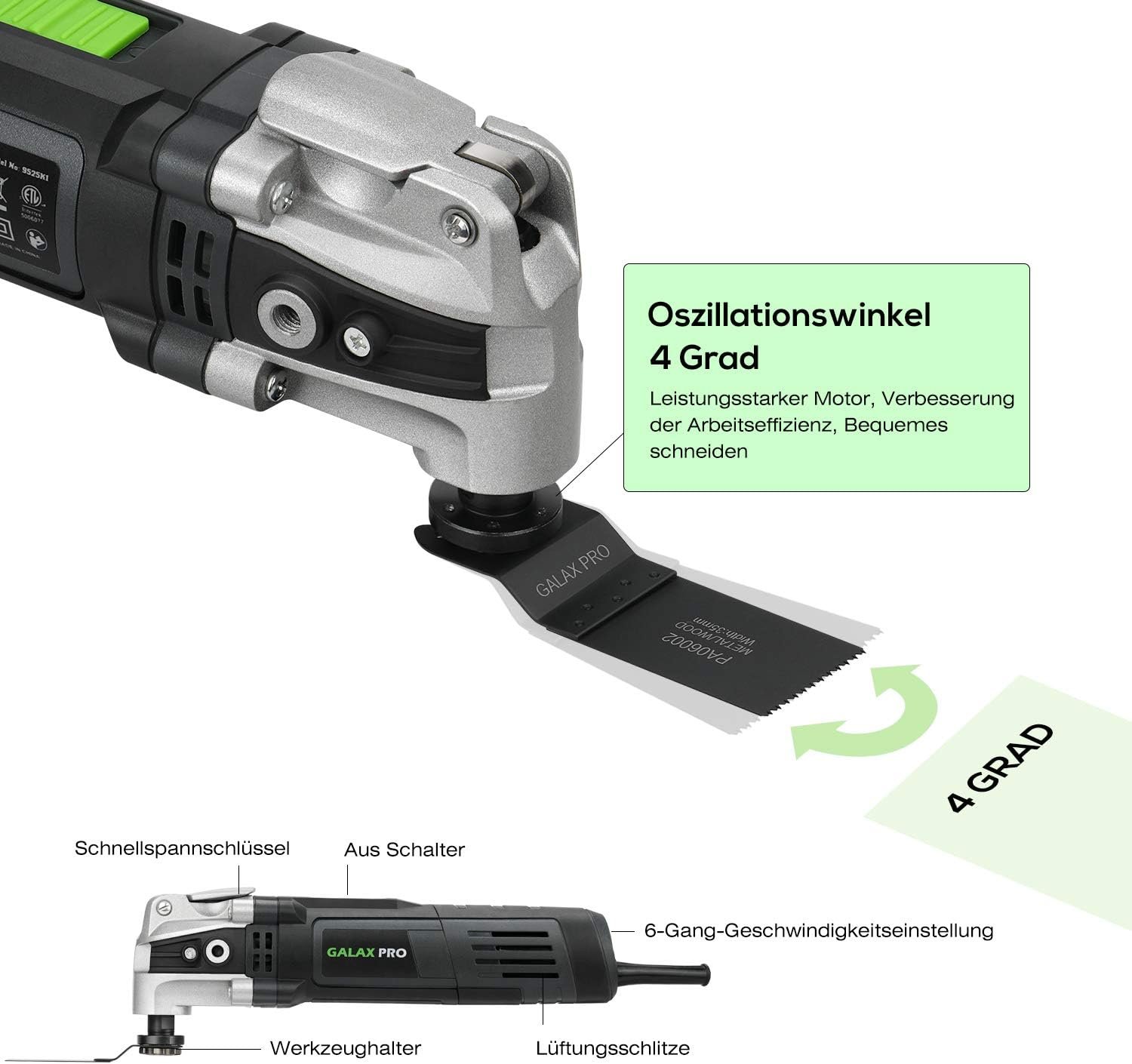 GALAX PRO 3.5A 6 Variable Speed Oscillating Multi Tool Kit with Quick Clamp System Change and 30pcs Accessories, Oscillating Angle:4° for Cutting, Sanding, Grinding - Image 5
