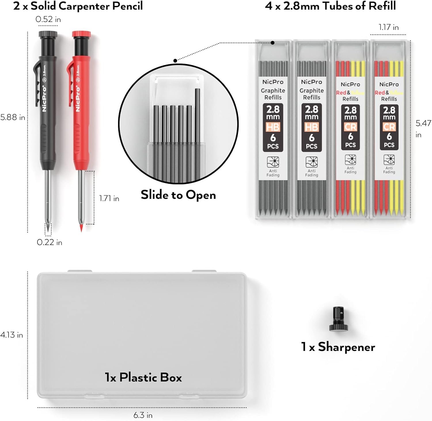 Nicpro Carpenter Pencil with Sharpener, Mechanical Pencils Set with 26 Refills, Deep Hole Marker for Construction, Heavy Duty Woodworking Pencils for Architect (Black, Red) - With Case - Image 8