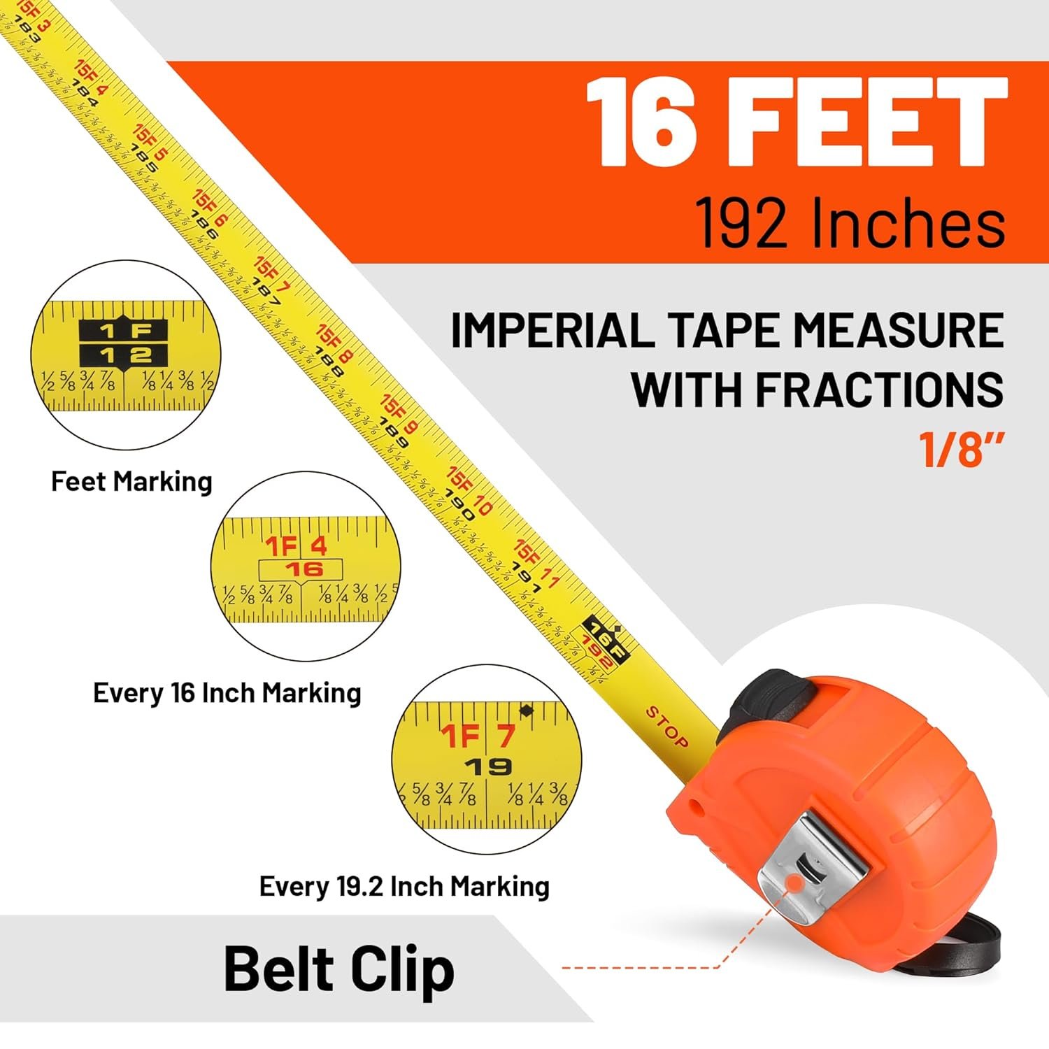 ValueMax Tape Measure 16FT with Fractions 1/8, 3 Pack Retractable Easy Read Measuring Tape, Imperial Pocket Measurement Tape with Metal Belt Clip for Construction, Contractor, Carpenter, Woodworking - Image 3