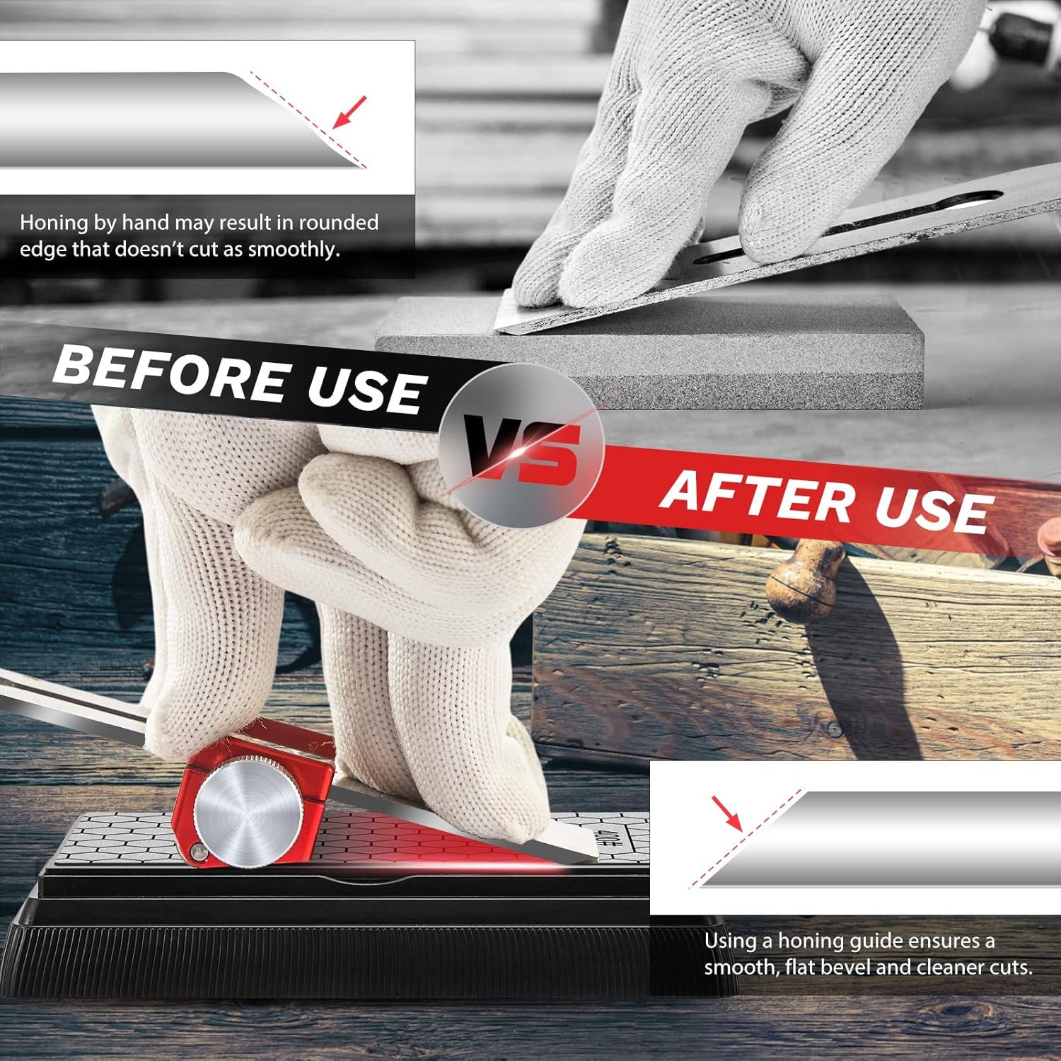 Saker Honing Guide with Whetstone - Red Off-Center Upgraded Honing Tool and Diamond Sharpening Stone Set Kit for Knife, Short Chisels and Planes, Fine/Coarse Plate, 400/1000/Grit… - Image 7