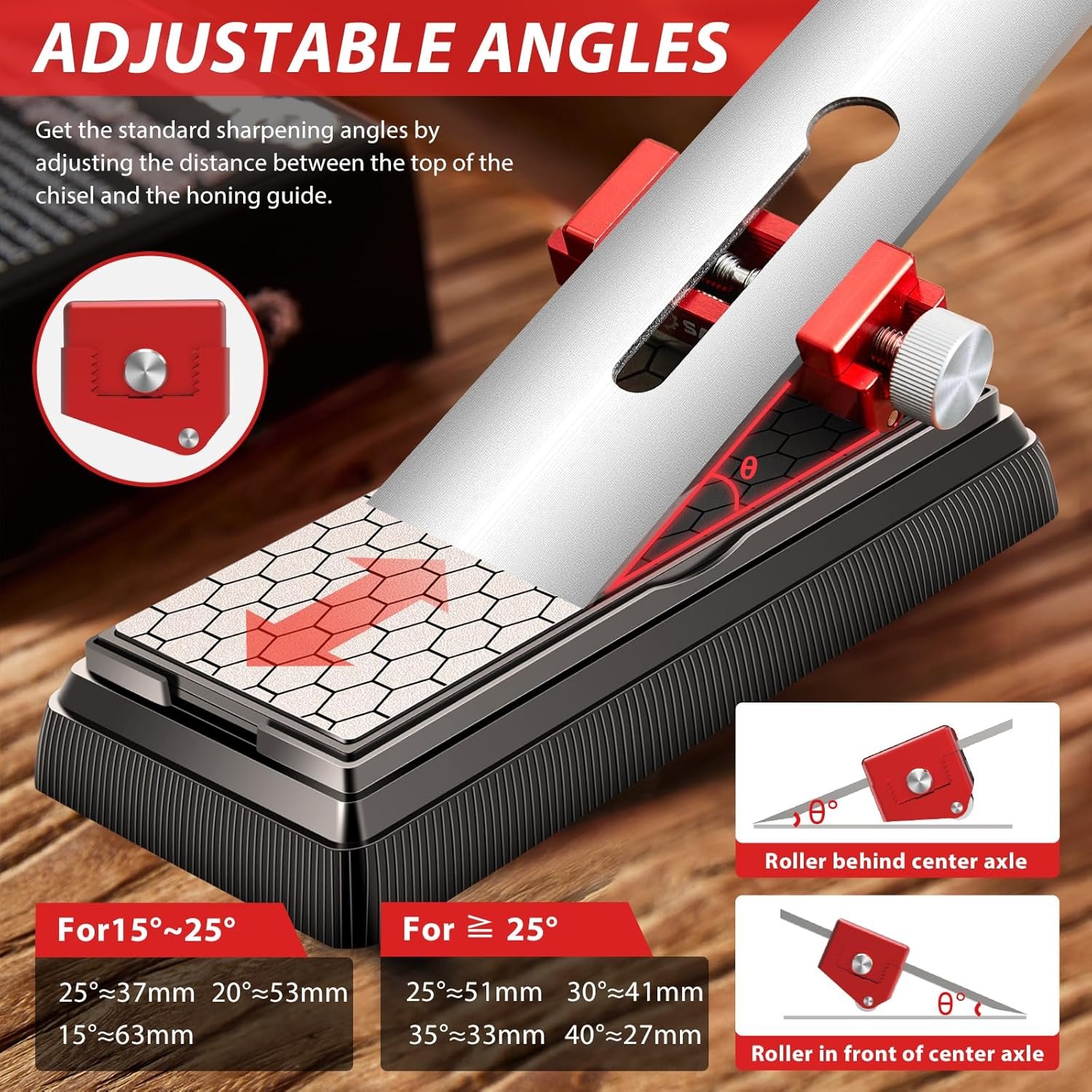 Saker Honing Guide with Whetstone - Red Off-Center Upgraded Honing Tool and Diamond Sharpening Stone Set Kit for Knife, Short Chisels and Planes, Fine/Coarse Plate, 400/1000/Grit… - Image 4