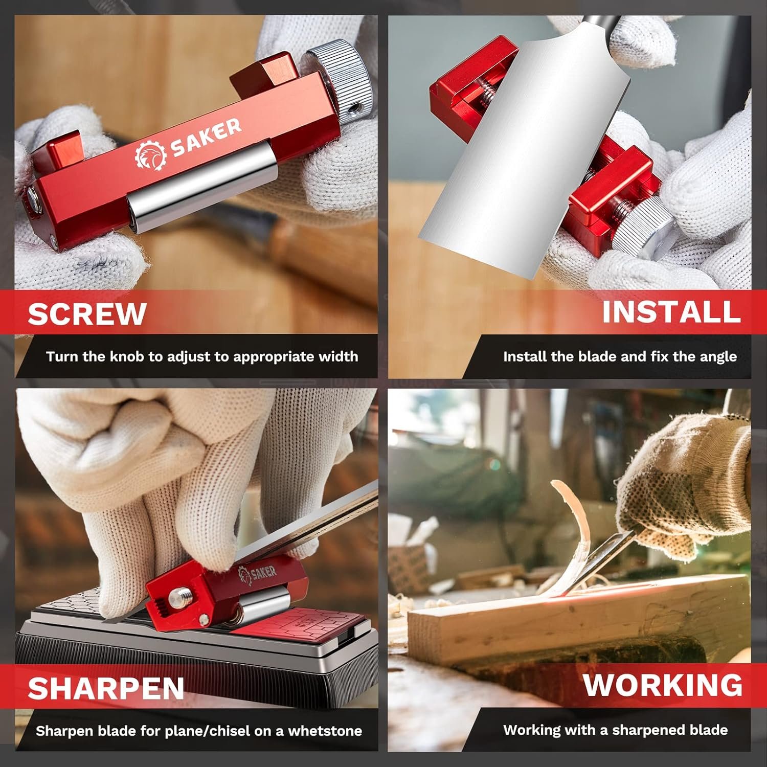 Saker Honing Guide with Whetstone - Red Off-Center Upgraded Honing Tool and Diamond Sharpening Stone Set Kit for Knife, Short Chisels and Planes, Fine/Coarse Plate, 400/1000/Grit… - Image 8