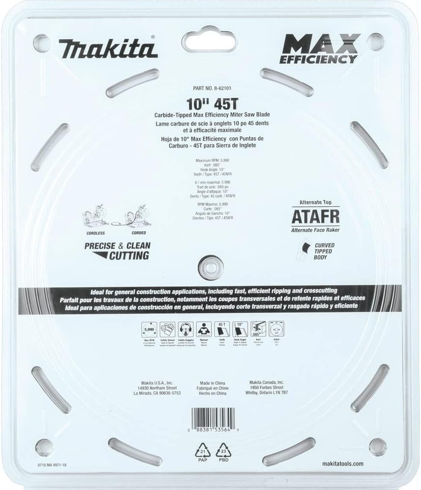 Makita B-62103 10" 45T Carbide-Tipped Max Efficiency Miter Saw Blade - Image 3